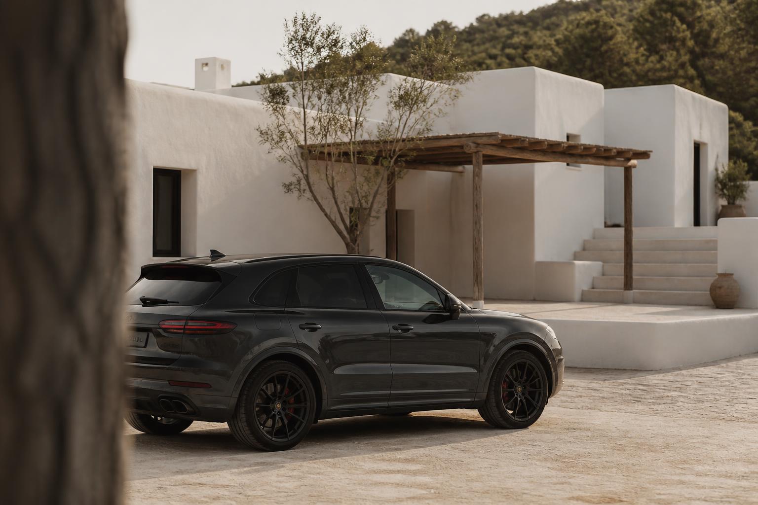 Dark premium SUV parked on pale stone in front of a whitewashed Ibiza villa