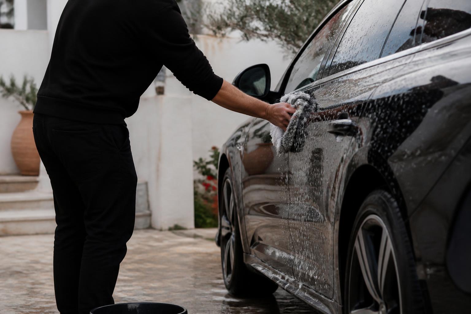 Technician hand-washing the side panel of a dark car outside a white Mediterranean property